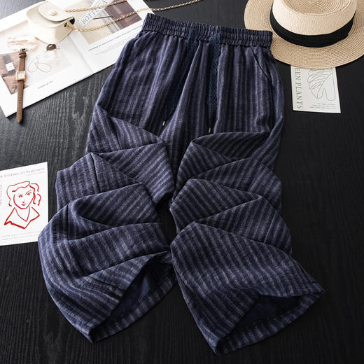 丁摩 杏色条纹阔腿裤女夏季薄款休闲裤高腰宽松显瘦亚麻直筒裤5ZF-8251 商品图1