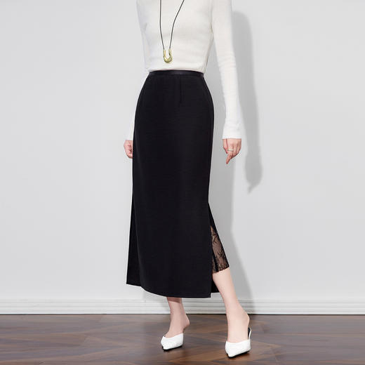 极简修身知性通勤，拼蕾丝松紧腰开衩半身裙WLZD-2511201 商品图0