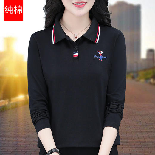 雀说t恤女纯棉长袖polo衫大码翻领打底衫女带领体恤运动女装上衣AL2122 商品图5