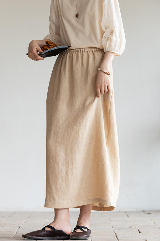 牧衣游原创 炒色棉麻净色半裙松紧腰百搭宽松休闲直筒半身裙 流芳 商品图5