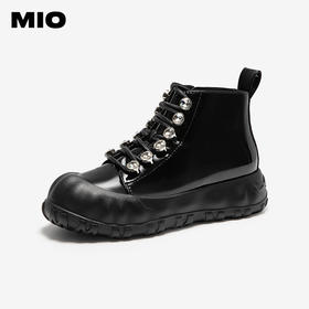 MIO米奥马丁靴圆头厚底钻饰绑带纯黑短筒时尚女靴M255653108
