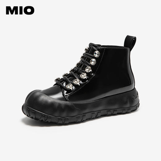MIO米奥马丁靴圆头厚底钻饰绑带纯黑短筒时尚女靴M255653108 商品图0