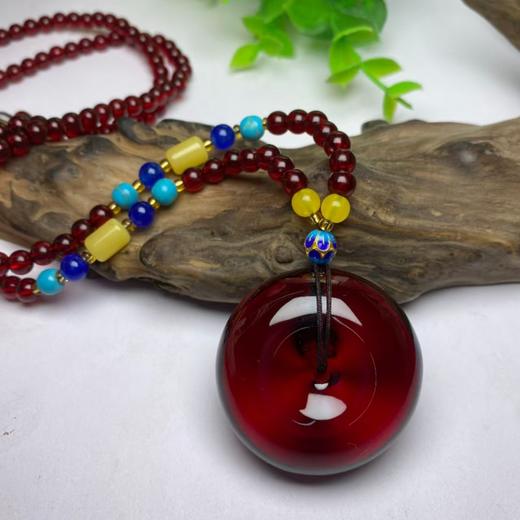 丁摩 琥珀蜜蜡面包扣随形二代吊坠酒红项链男女款血珀平安扣5ZF-58797 商品图1