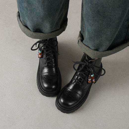 阿么手工女鞋潮流马丁靴女厚底彩色串珠小众民族风真皮短靴6.5CM 商品图3