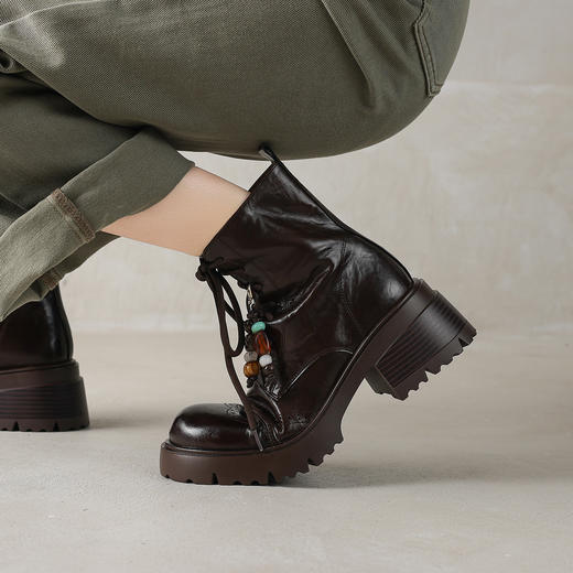 阿么手工女鞋潮流马丁靴女厚底彩色串珠小众民族风真皮短靴6.5CM 商品图4