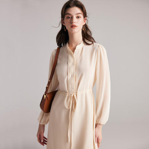 【帕罗】B3F | 100%桑蚕丝米色长袖连衣裙 商品图0