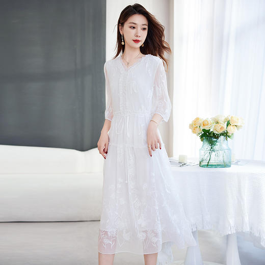 丁摩原创丝绸100%桑蚕丝重工绣花真丝连衣裙女AL9500 商品图6