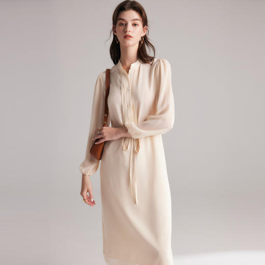 【帕罗】B3F | 100%桑蚕丝米色长袖连衣裙 商品图1