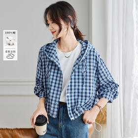 雀说蓝色格子长袖连帽衬衫女装早秋新款通勤韩系宽松小个子衬衣AL57100