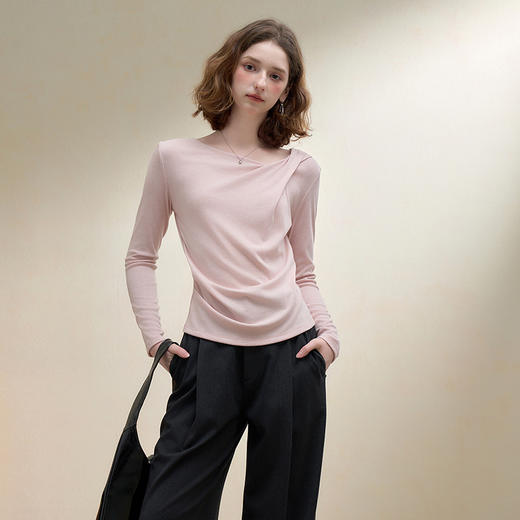 西遇绝美落樱粉不规则扭结长袖T恤女秋季修身气质内搭打底衫V2751158 商品图4