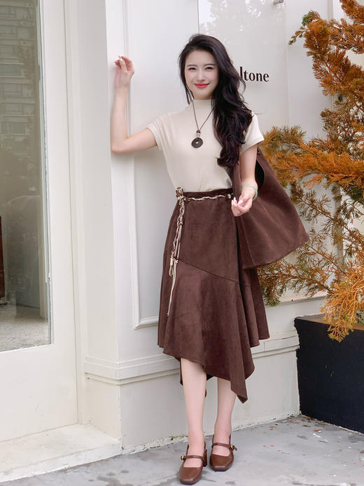 【百图lulu定制】【麂皮半裙】【赠波西米亚腰带】不规则 荷叶边 麂皮半裙 商品图2