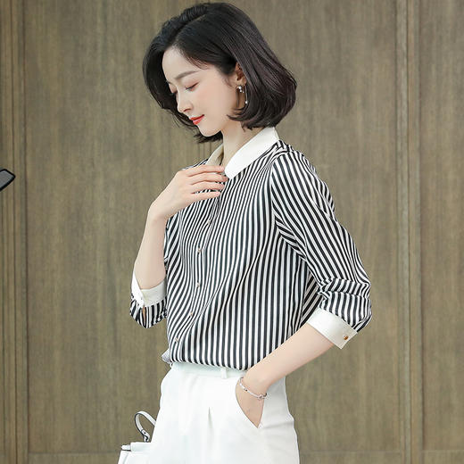 丁摩 真桑蚕丝弹力缎翻领条纹重磅真丝衬衫LWR9093 商品图3