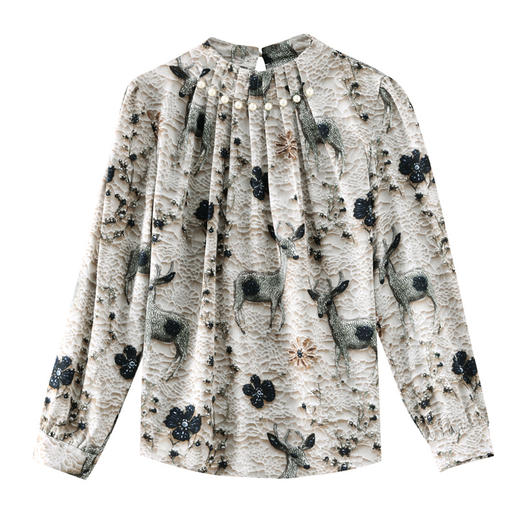 KQL 369H9980立领钉珠印花长袖雪纺衬衫 商品图4