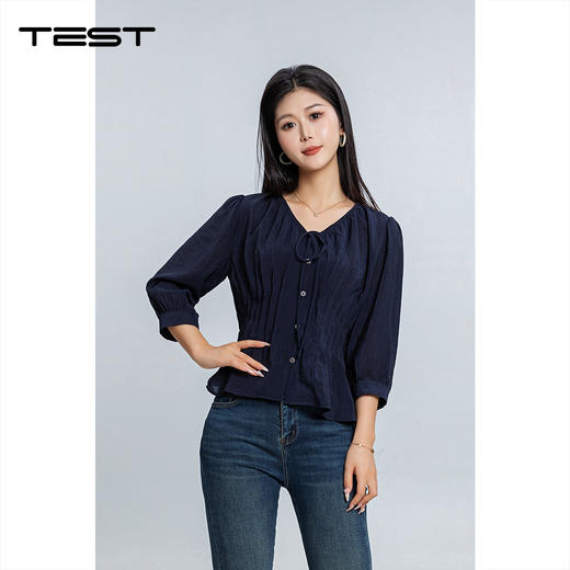 秋上新职场休闲风藏蓝色纽扣装饰收腰小衫1253061 商品图0