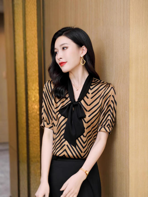 丁摩系带蝴蝶结真丝短袖气质条纹女士衬衫简约优雅上衣AL3572 商品图5