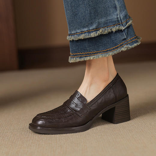 【预售5天】乐福鞋质感气质头层羊皮圆头，高跟舒适百搭单鞋英伦风粗跟HB&5569 商品图2