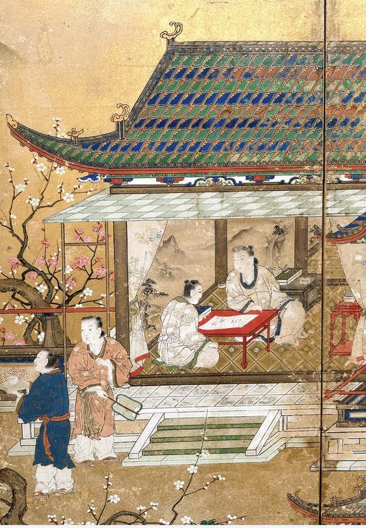 独角鹿西洋古董日本明治时期画师春笑签名出品「东方山水人物」主题纸本设色洒金六曲屏风 商品图4