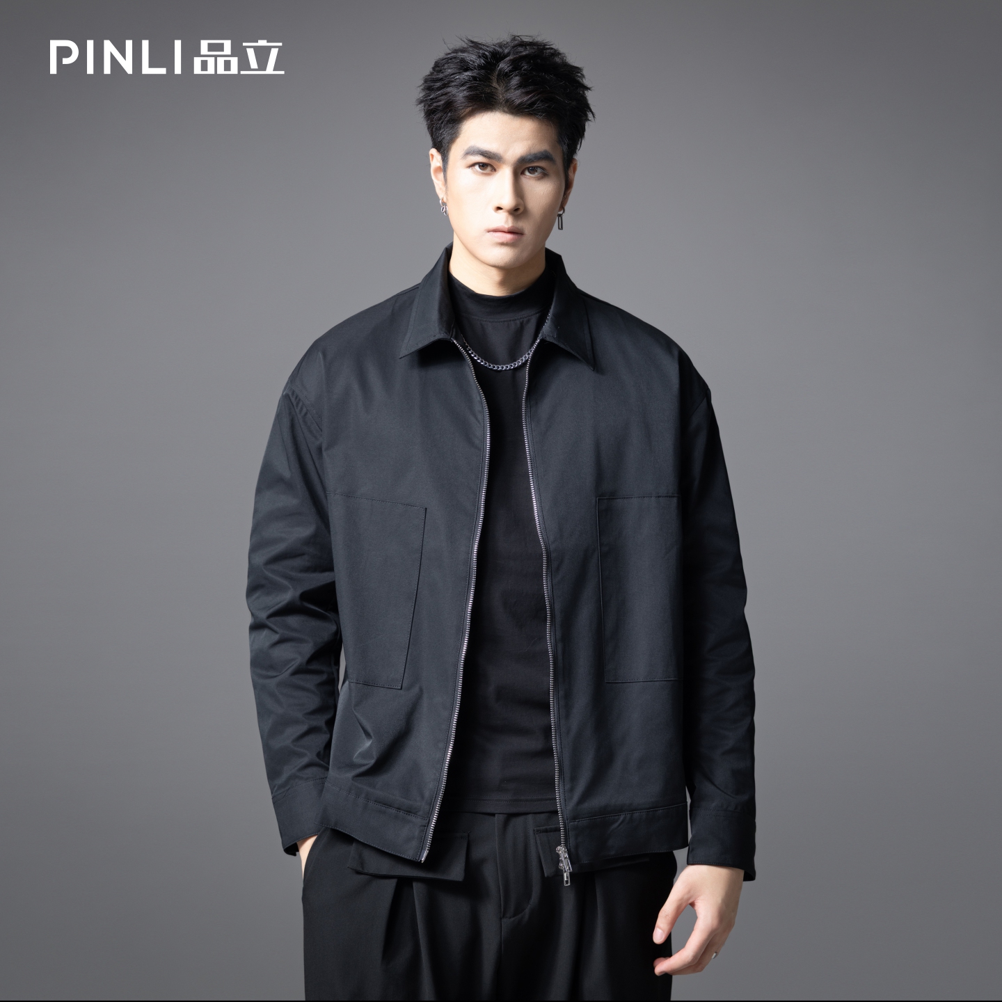 PINLI品立春季新品男士通勤休闲夹克外套干部风宽松茄克上衣GD253104072