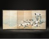 独角鹿西洋古董日本明治时期画师梁古源俊签名出品「浪迎群鹤」主题纸本设色洒金六曲屏风 商品缩略图0