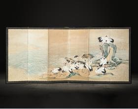 独角鹿西洋古董日本明治时期画师梁古源俊签名出品「浪迎群鹤」主题纸本设色洒金六曲屏风