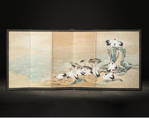 独角鹿西洋古董日本明治时期画师梁古源俊签名出品「浪迎群鹤」主题纸本设色洒金六曲屏风 商品图0