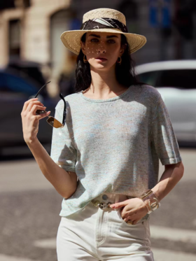 春秋新品康宝莱珠片纱亚麻棉镂空亮片上衣