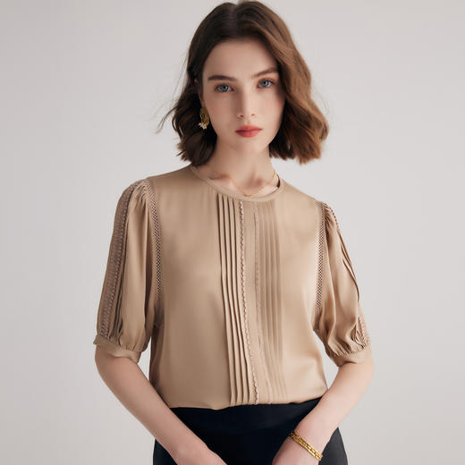 【帕罗】B3F | 卡其色桑蚕丝短袖衬衫 商品图1