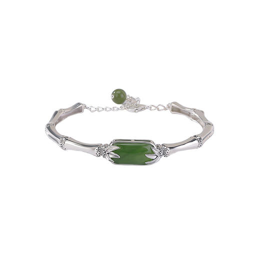 【节节高升】S925纯银天然和田玉碧玉复古亮面竹节竹叶手链【CW-SL11848】 商品图4