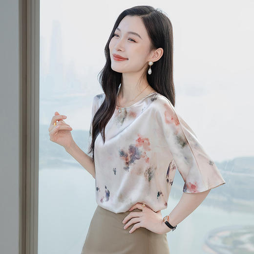 丁摩新款上新时尚扎染印花短袖真丝衬衫圆领套头百搭上衣AL3652 商品图3