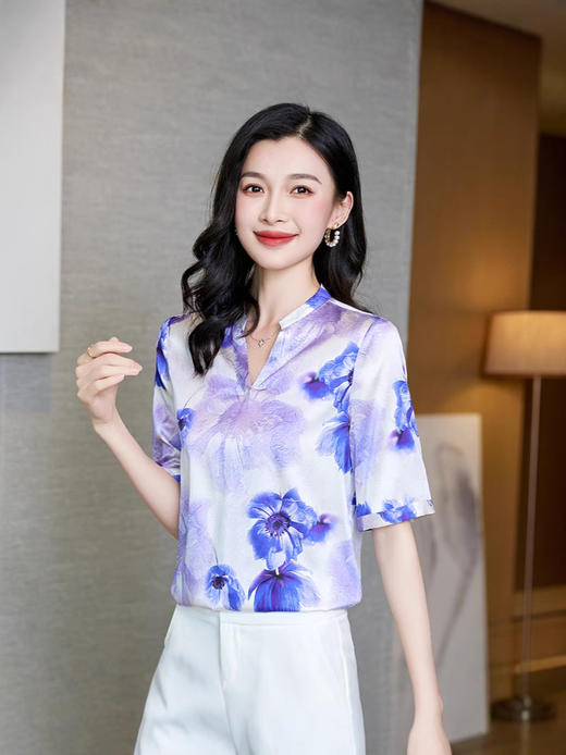 丁摩真丝中袖衬衫新款优雅知性风V领印花桑蚕丝衬衫AL3603 商品图6