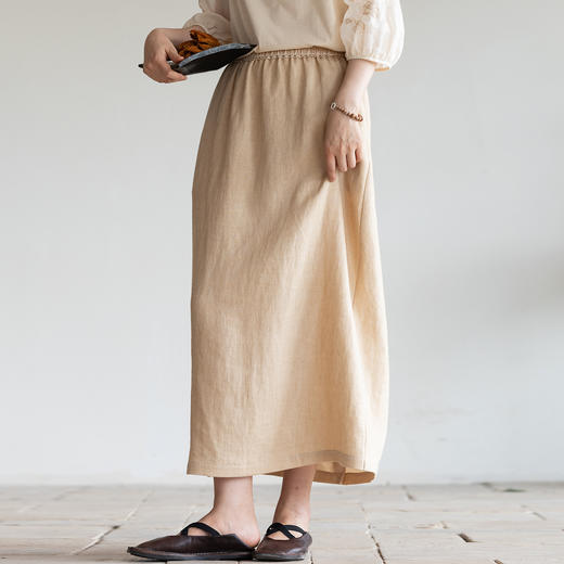 牧衣游原创 炒色棉麻净色半裙松紧腰百搭宽松休闲直筒半身裙 流芳 商品图0
