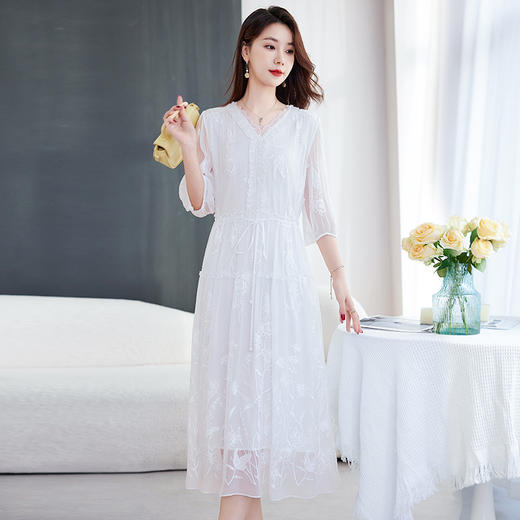 丁摩原创丝绸100%桑蚕丝重工绣花真丝连衣裙女AL9500 商品图1