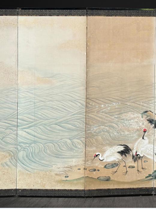 独角鹿西洋古董日本明治时期画师梁古源俊签名出品「浪迎群鹤」主题纸本设色洒金六曲屏风 商品图4