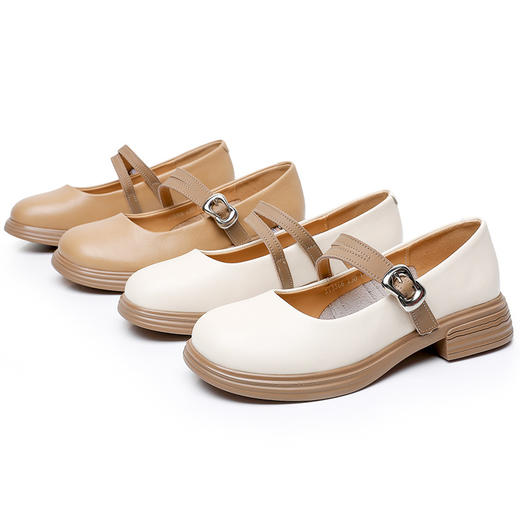 雀说真皮单鞋女粗跟学院风复古女鞋软底一字带百搭小皮鞋AL3366 商品图4