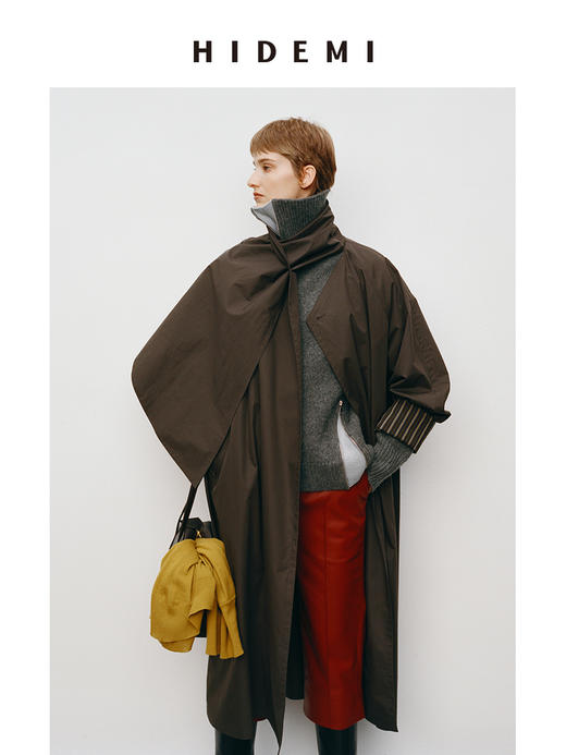 HIDEMI 极简几何不对称围巾设计感卷边宽松长款慵懒文艺风衣 商品图0