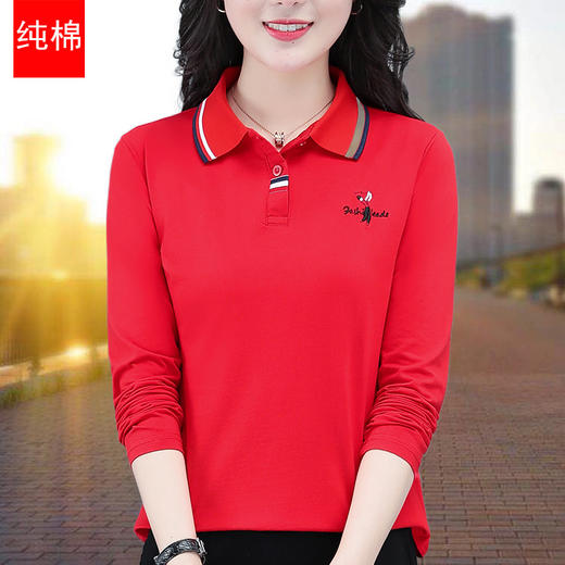 雀说t恤女纯棉长袖polo衫大码翻领打底衫女带领体恤运动女装上衣AL2122 商品图7