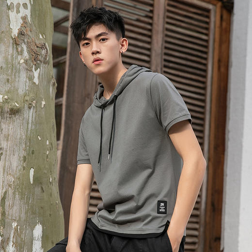 红览 纯棉连帽短袖t恤男宽松潮牌纯色假两件男士上衣338 商品图0