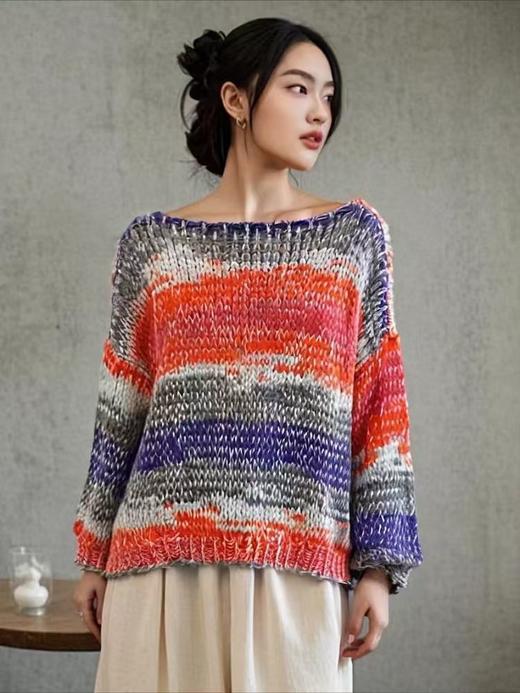 【孤品捡漏】G21粗针一字肩彩条针织毛衫-喜出 商品图2