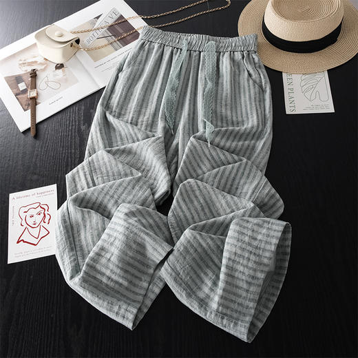 丁摩 杏色条纹阔腿裤女夏季薄款休闲裤高腰宽松显瘦亚麻直筒裤5ZF-8251 商品图3