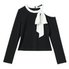 西遇法式千金蝴蝶结露肩长袖T恤女秋季辣妹修身短款针织上衣V2551150 商品缩略图3