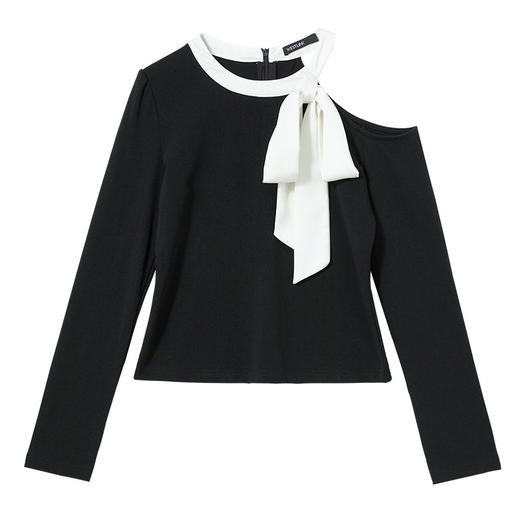 西遇法式千金蝴蝶结露肩长袖T恤女秋季辣妹修身短款针织上衣V2551150 商品图3