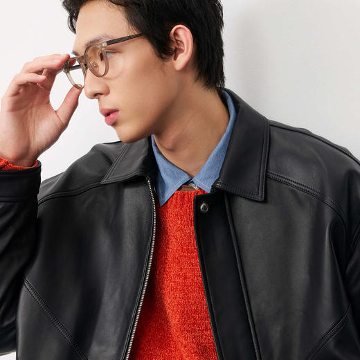 NPC潮牌复古老钱100%【绵羊皮革】翻领夹克男黑色短款秋NP57TJ38 商品图2