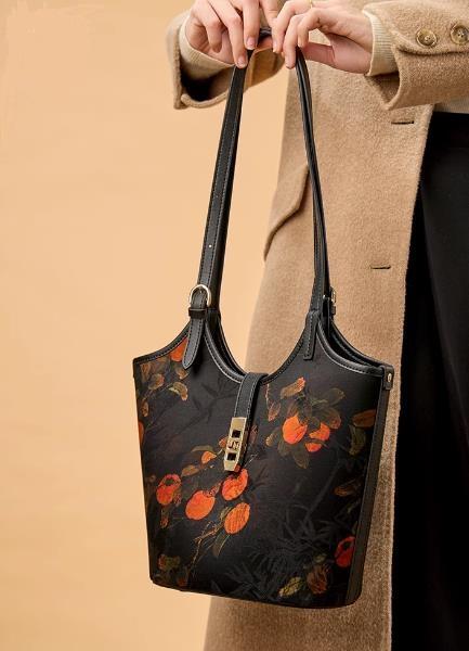 非遗香云纱花柿柿如意，新中式国风单肩斜挎手提水桶包TX-YS120762 商品图1