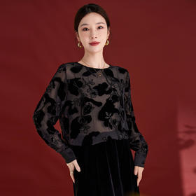 丁摩新款烧花真丝丝绒休闲T恤女时尚轻奢显瘦圆领长袖AL1861