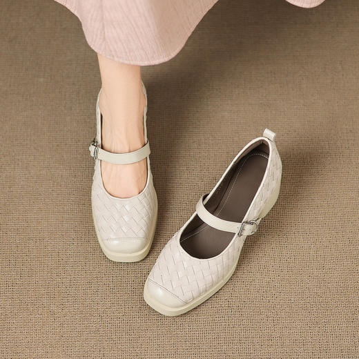 【预售5天】舒适厚底编织小皮鞋，真皮方头浅口单鞋粗跟高跟玛丽珍鞋ZYY&A1321 商品图2
