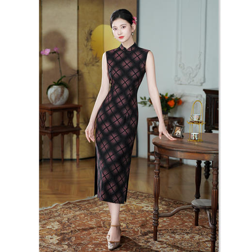SKY 66959格子长款无袖旗袍复古国风新中式 商品图3