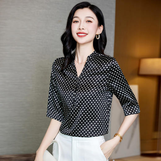 丁摩 真丝中袖衬衫女夏季新款优雅上衣休闲风桑蚕丝衬衫5ZF-3598 商品图3