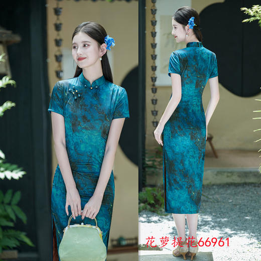 SKY 66961复古国风长款花萝提花短袖旗袍改良中式 商品图1