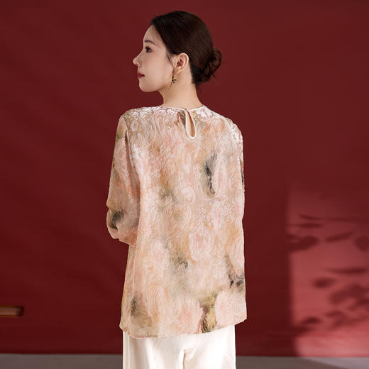 雀说新中式女款圆领真丝丝绒薄款T恤烧花慵懒风新款上衣AL1287 商品图2