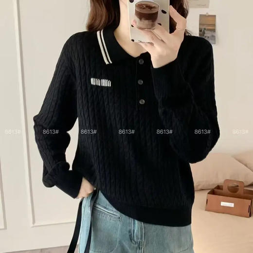 早秋翻领撞色学院风字母刺绣长袖针织衫上衣  YX-11376535 商品图0